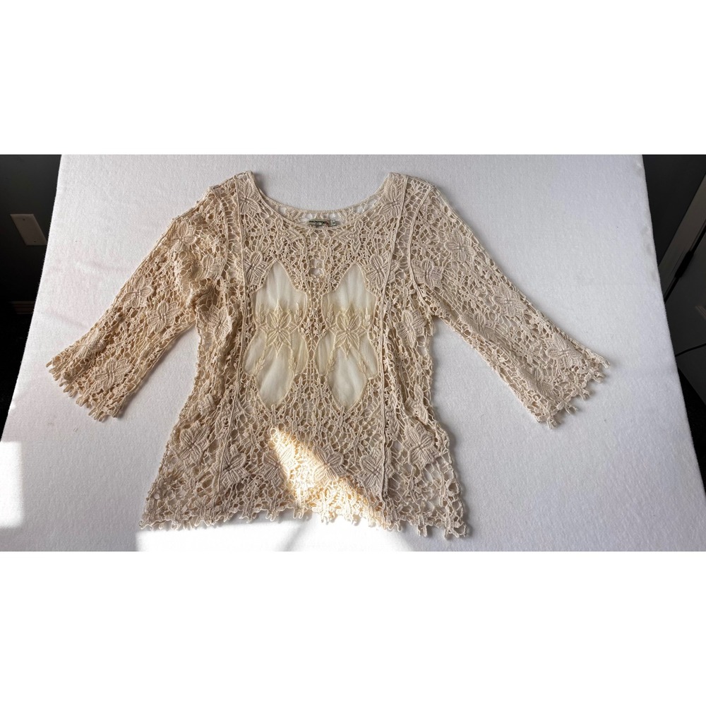 Vivid Importers of NY Cream Crochet Lace Top XL Sheer Mesh Panel Boho Scalloped